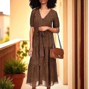MICHAEL  Michael Kors Mid-Calf Bohemian Animal Print Brown Shift Dress M